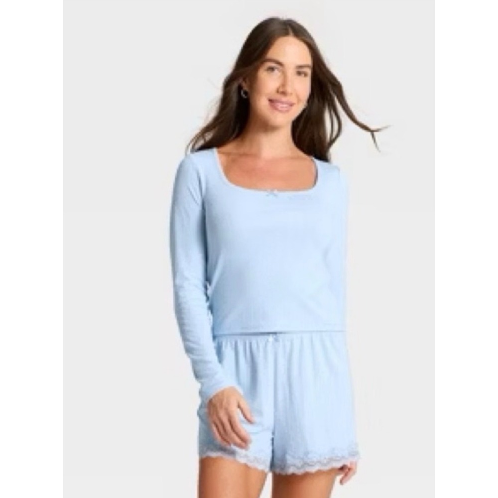 Auden Sleep Top XL Blue NEW Ribbed Scoop‎ Neck Bow Long Sleeve Pajama Shirt
